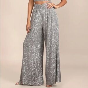 Lulus // Flawless Sparkle Silver Sequin Wide-Leg Pants